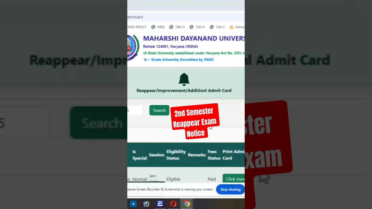 MDU ROHTAK 2nd Sem Reappear Admit Card Out I Reappear Exam 2nd सेमेस्टर रोल न जारी #mdulatestupdate