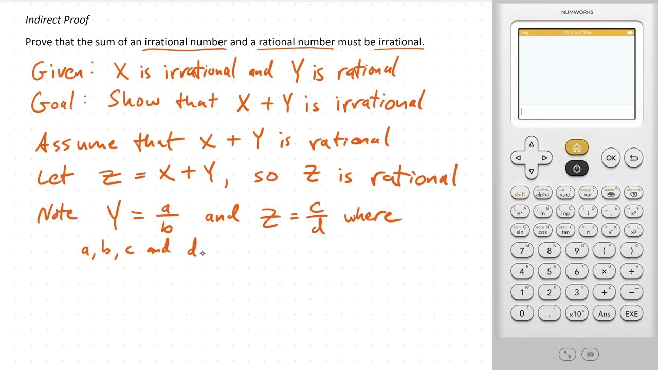 The sum of a rational number and an irrational number must be irrational (proof by contradiction)