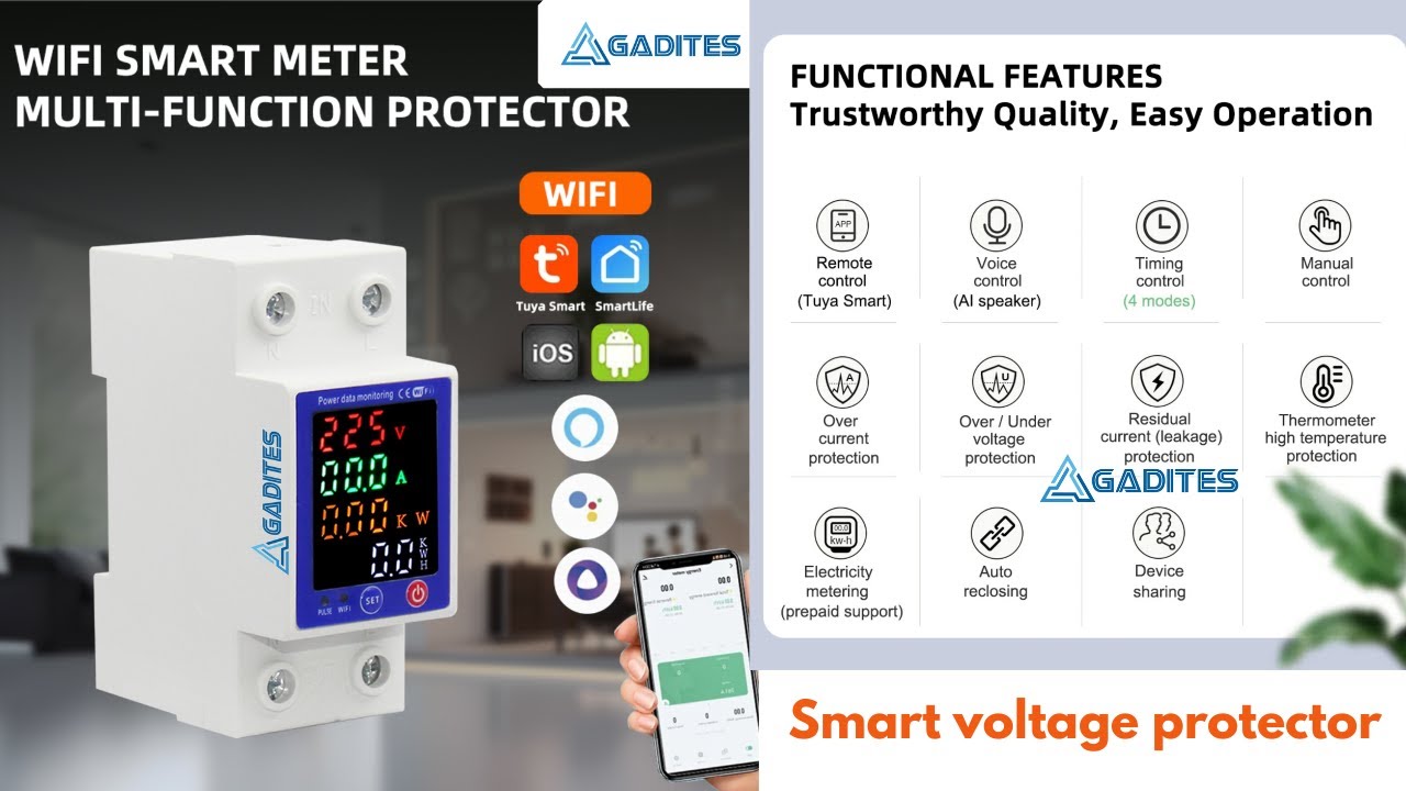 voltage protector wifi smart energy meter with kwh / leakage/cos/hz etc.