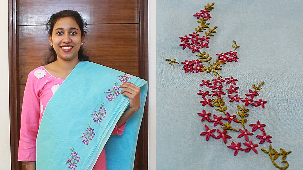 Daily use Organdy Saree: Hand Embroidery Design #Designer Saree #Easy Embroidery Design | Malayalam