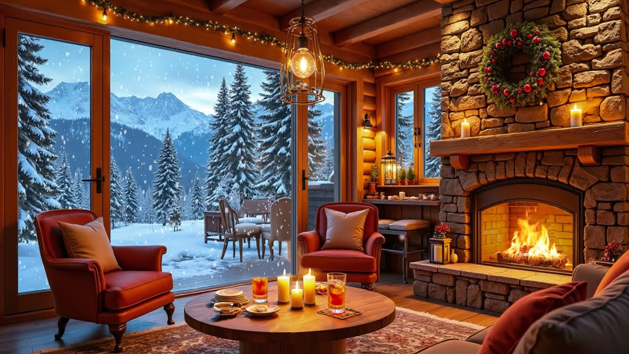Winter Lakeside Cabin Ambience ❄️Soft Piano & Crackling Fireplace Ambience for Study & Stress Relief