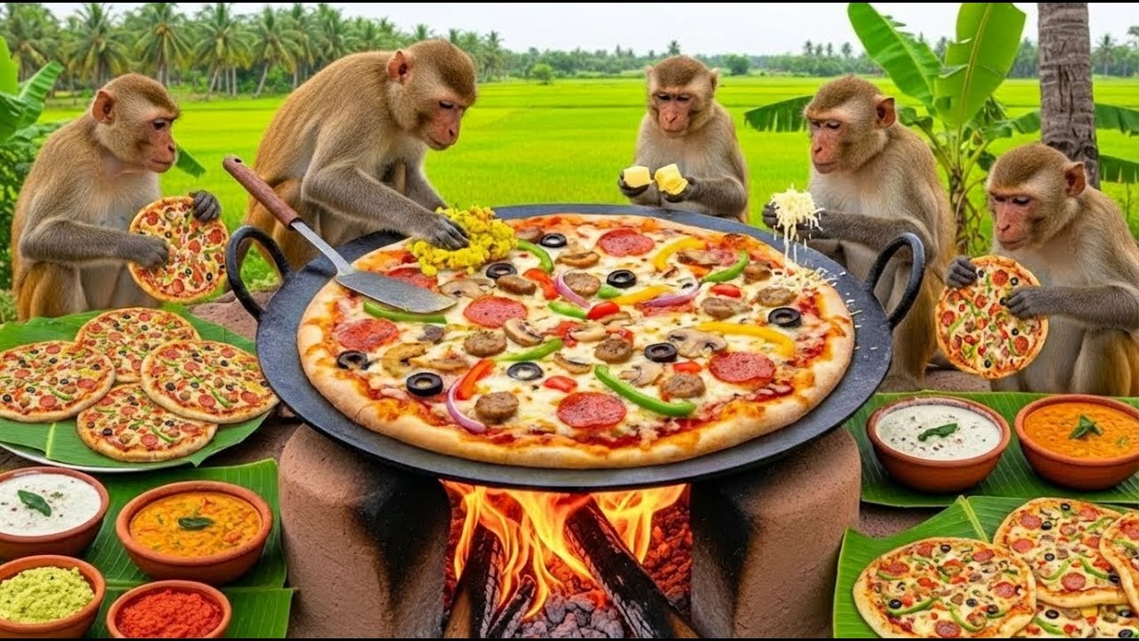 Eight monkeys work together to harvest crops and make pizza in order to survive.
