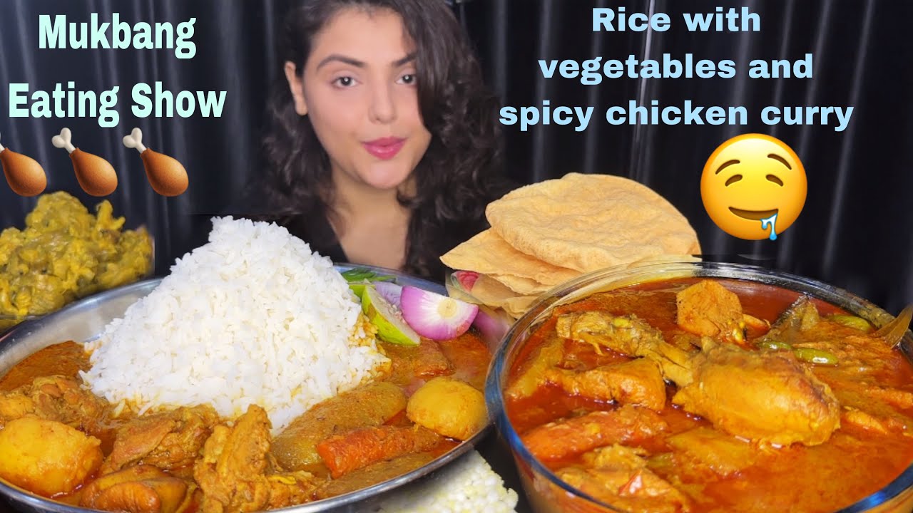 Eating Spicy Chicken Curry with Rice, vegetable Fry, Papad | Eating Show