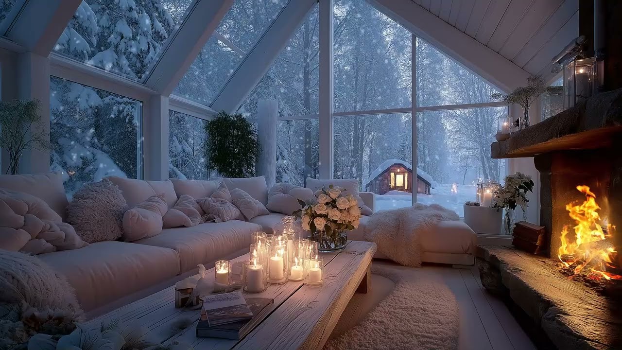 🎹🔥 Gentle Piano Lounge | White Interior Falling Snow | 5 Hours Relax Sleep Study Stress Relief