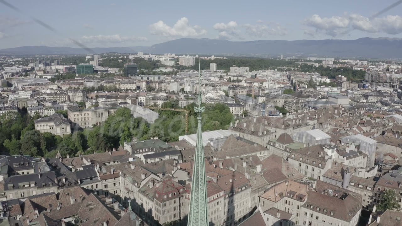 D-Log. Geneva, Switzerland. Flight over the city. Geneva Cathedral, Aerial View