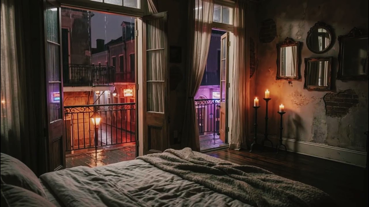 Rain & Distant Jazz French Quarter | Thunder & NOLA at Night Ambience | Relax or Sleep (7 Hours)