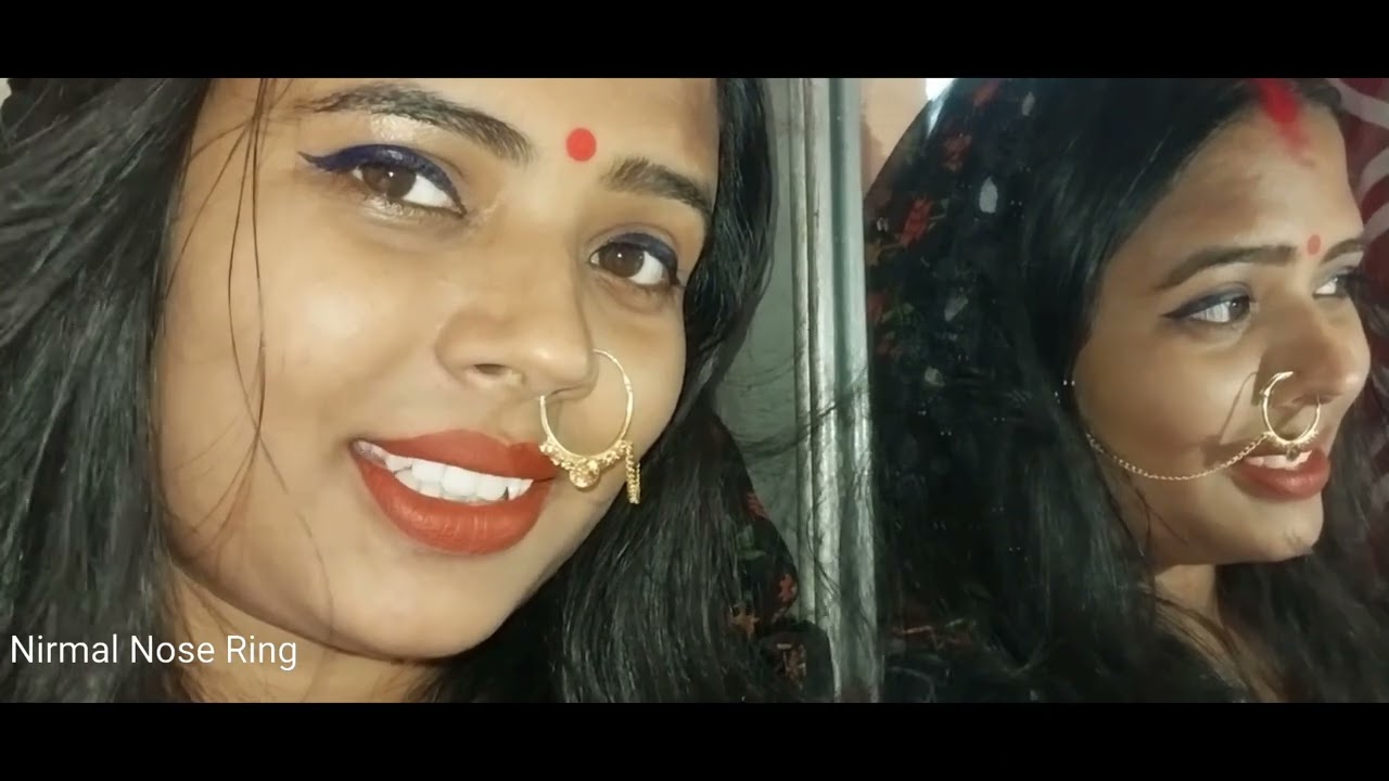 medium size gold nose pin brown lipstick ke sath
