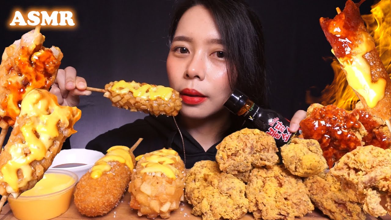 ASMR Samyang Sauce CORN DOG & Snow Cheese Fried CHICKEN 😋🔥 | Satisfying Crunchy Eating Sounds