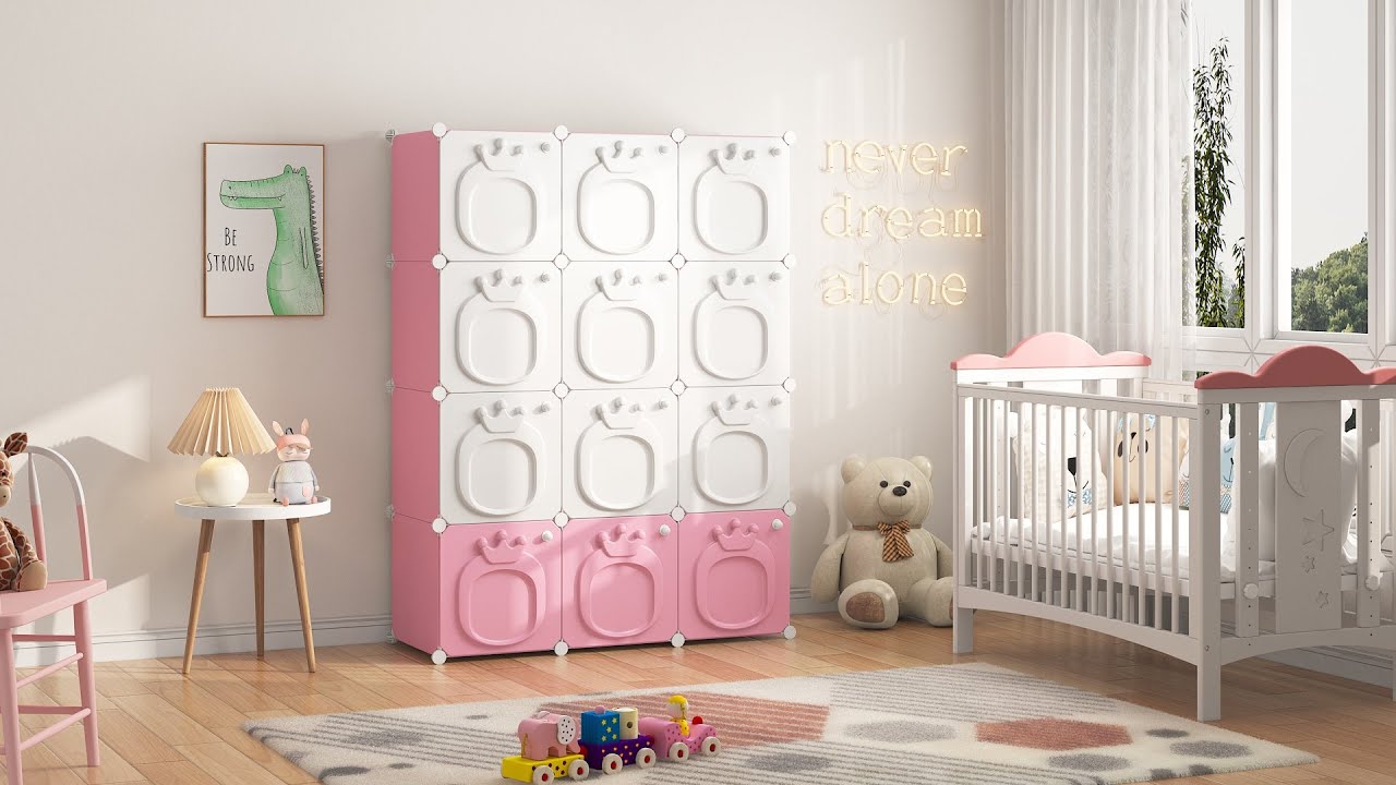 Kids Closet Baby Wardrobe Dresser for Kids Bedroom Nursery Armoire Clothes Hanging Closet with Doors