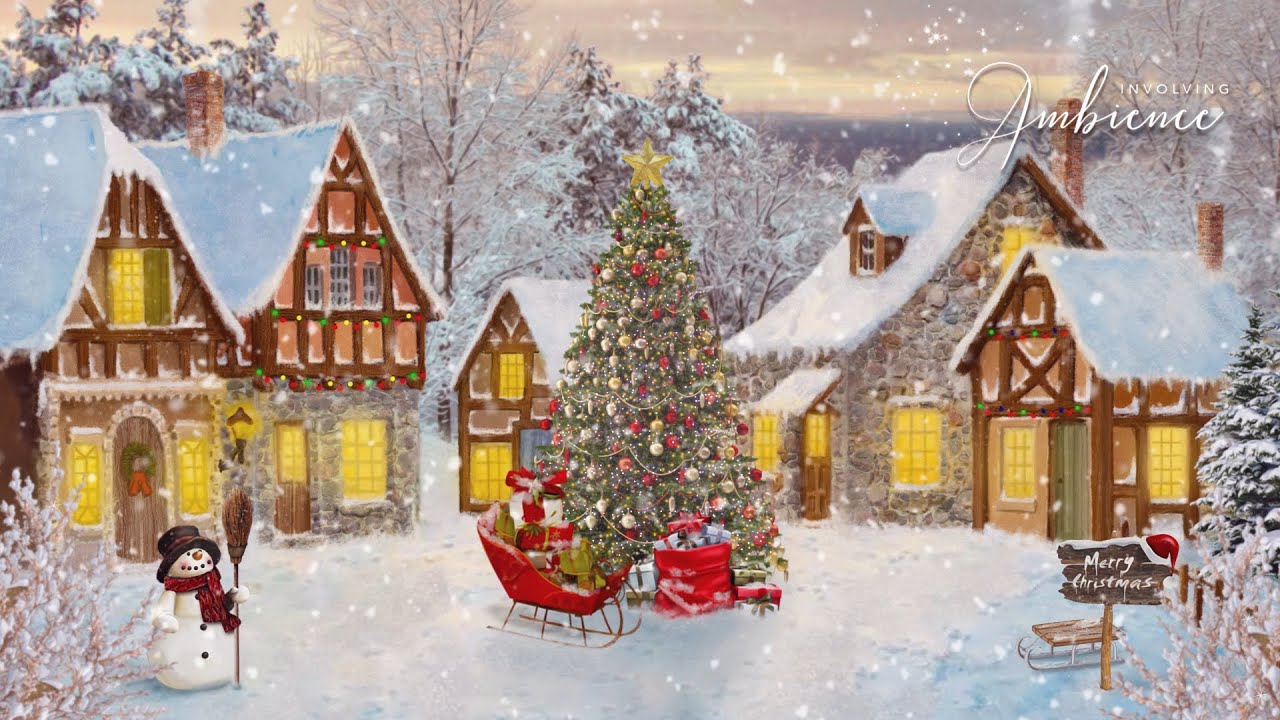 Cozy Christmas Village ASMR Ambience🎄Soft Snowfall, Bells, Crunchy Footsteps & Quiet Chatter, Horses