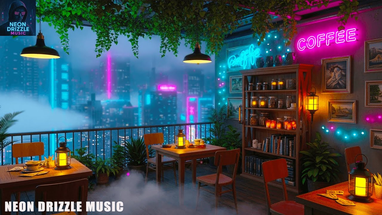 Lofi Rain City | Cozy Rooftop Scene Glowing Under Futuristic City Lights | Relaxing Music At Night