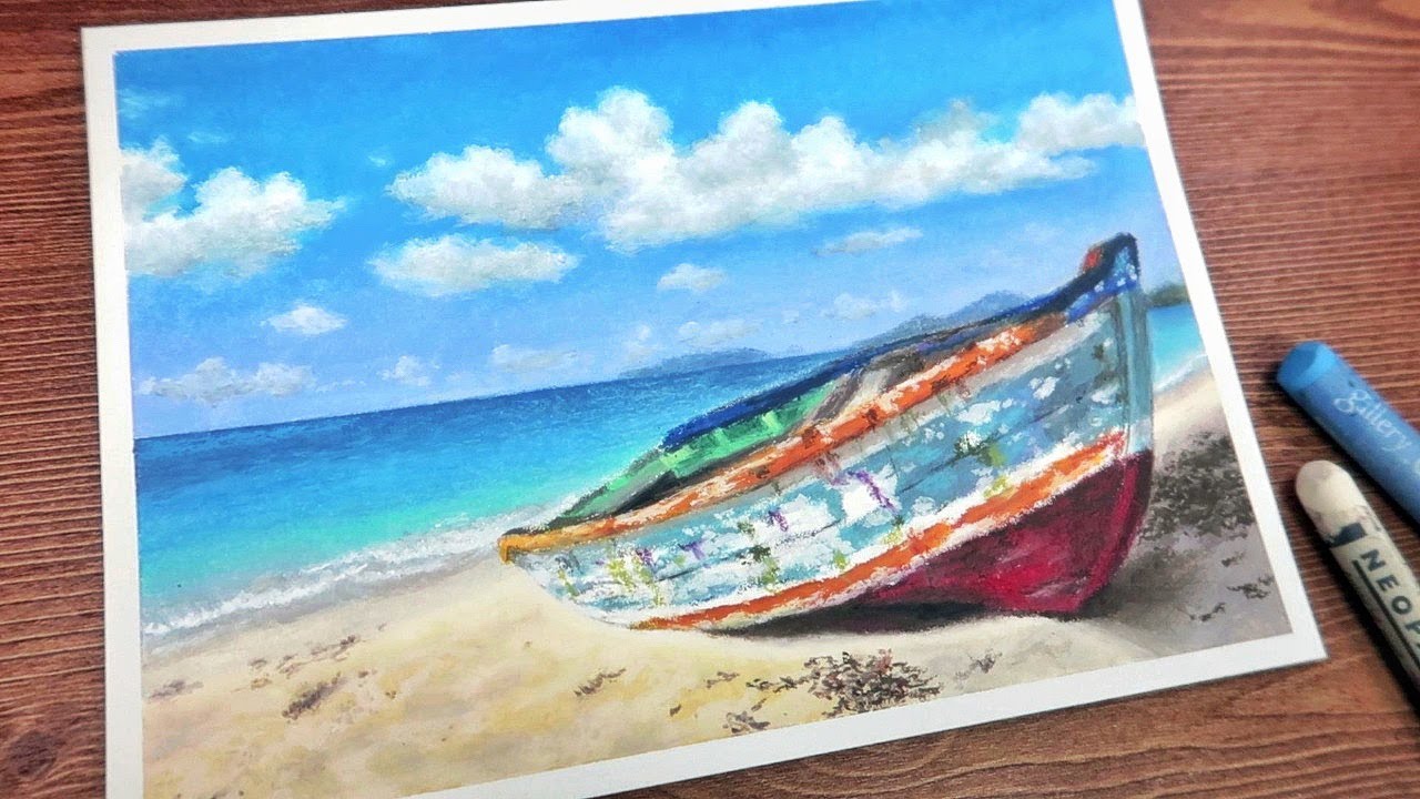 Lonely Beach｜Oil Pastel Drawing By Ohu Sia