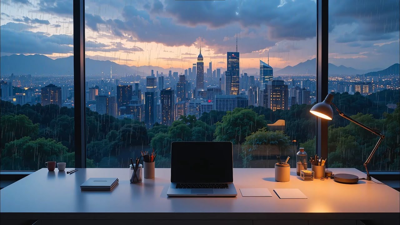 Cozy Rainy Office View &ndash; Relaxing City Ambience with Sunset & Rain Sounds