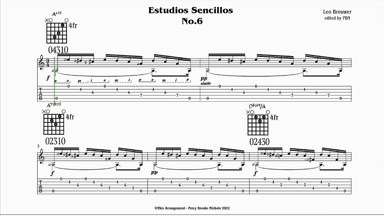 Leo Brouwer - Estudios Sencillos No. 6 - Play Along Tab Notation video (Etudes Simples)