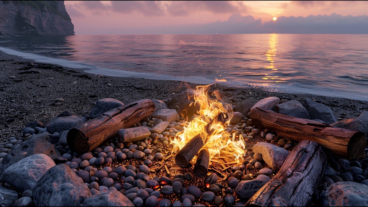 3 Hours of Campfire by the Sea at Sunset | Relaxing Beach Waves & Fire Sounds
