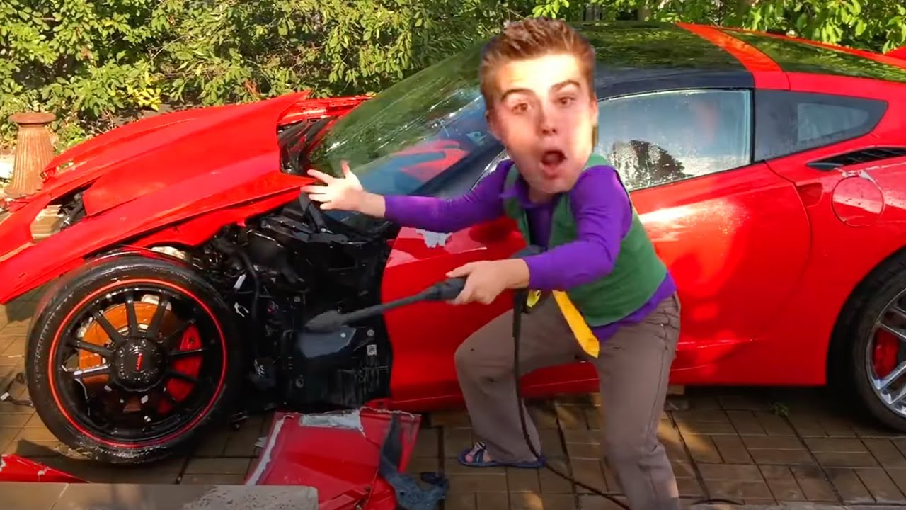 Racer Mr. Joe on Dirty Corvette in Car Wash VS Pit Stop Kids Video