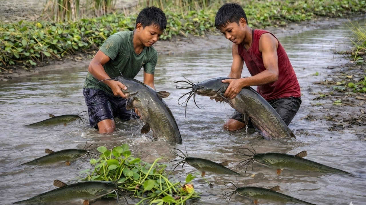Amazing Village Boys Catch Giant Catfish By Hand | Traditional Village Fishing Life 