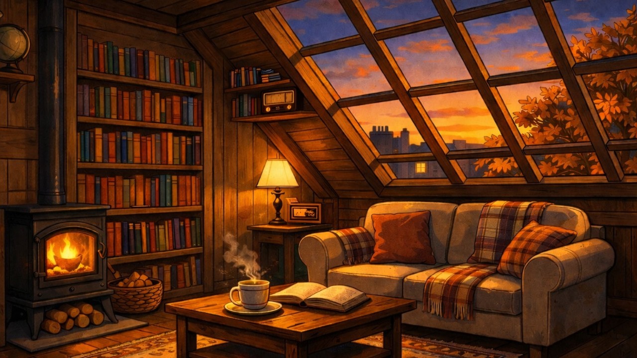 Cozy 1950s Attic Reading Nook in Paris at Sunset ☕📚 Soft Jazz in the Next Room | Fireplace Ambience