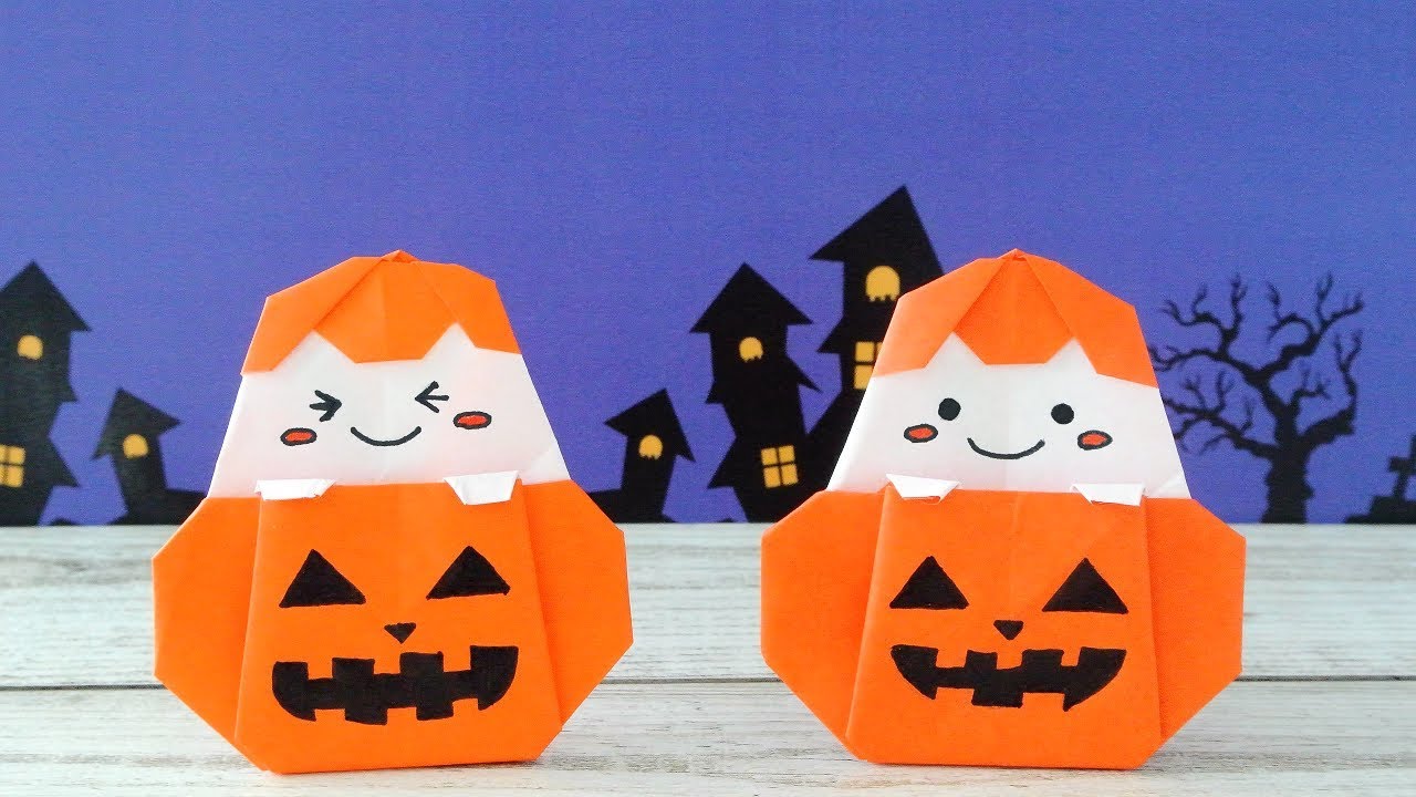 【ハロウィン折り紙】１枚でかぼちゃおばけの作り方[Halloween Origami]Pumpkin Ghost(using only 1 sheet)