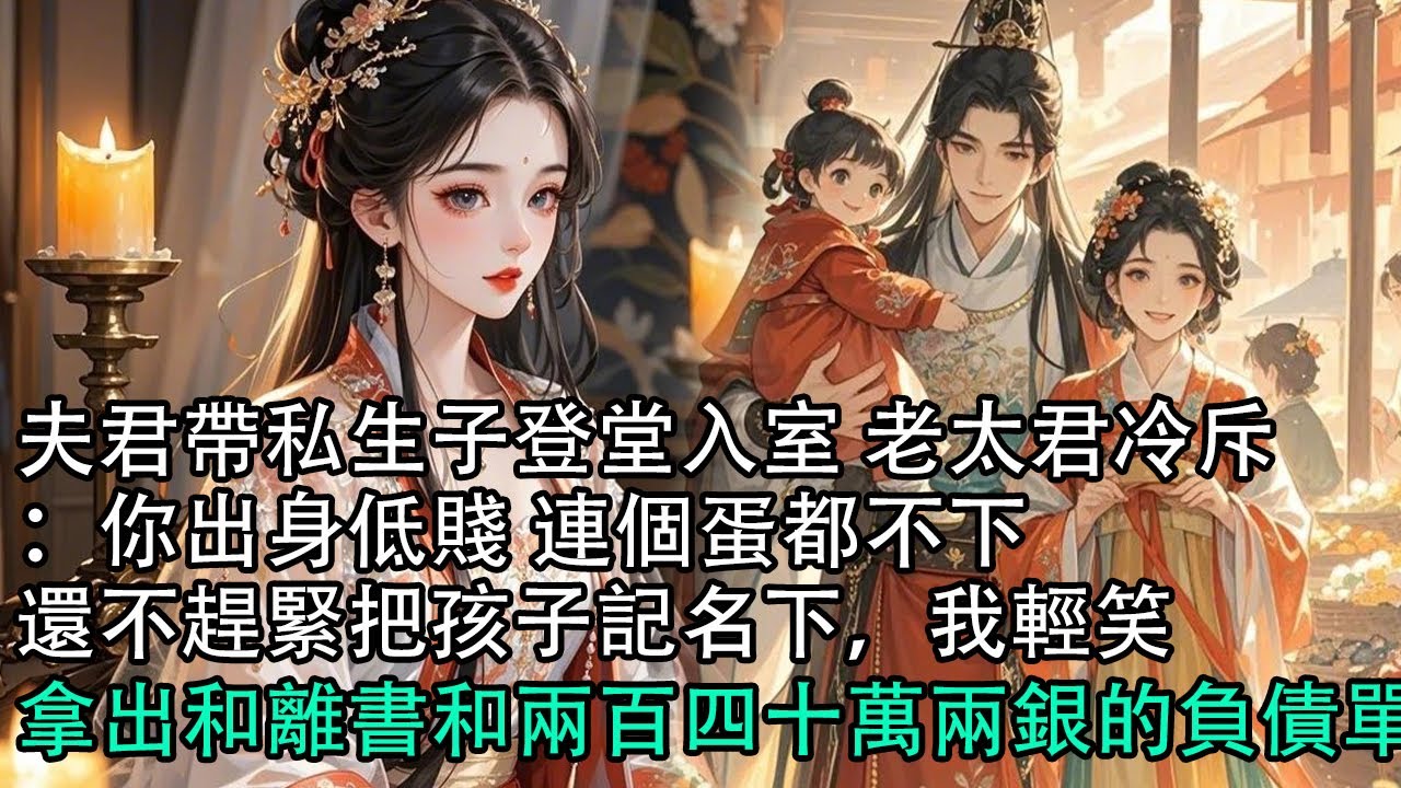 【一口氣看完】夫君帶私生子登堂入室 老太君冷斥：你出身低賤 連個蛋都不下，還不趕緊把孩子記名下，我輕笑，拿出和離書和兩百四十萬兩銀的負債單