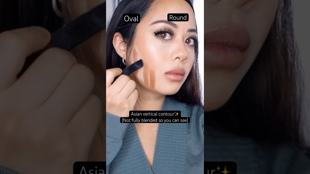 Trying the Asian vertical contour for round vs oval face shapes makeup hack✨Tia Obed