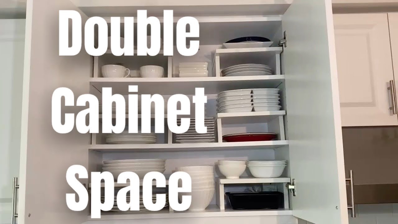 Double up storage space in your kitchen cabinets with these easy to make shelves.