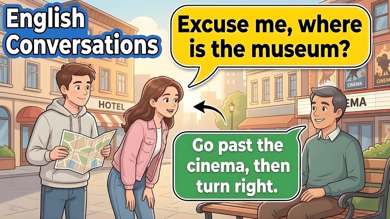 Everyday English Conversation – Asking for Directions in the City (A2–B1) with James & Emma