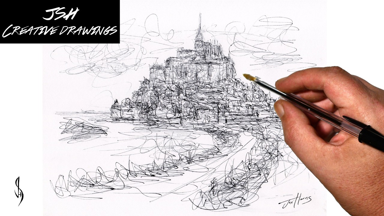 Biro Pen Drawing Sketch of Mont Saint-Michel in a Scribble Art Style