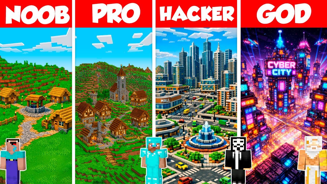 City Build Battle Challenge - Noob vs Pro vs Hacker vs God - Minecraft Animation