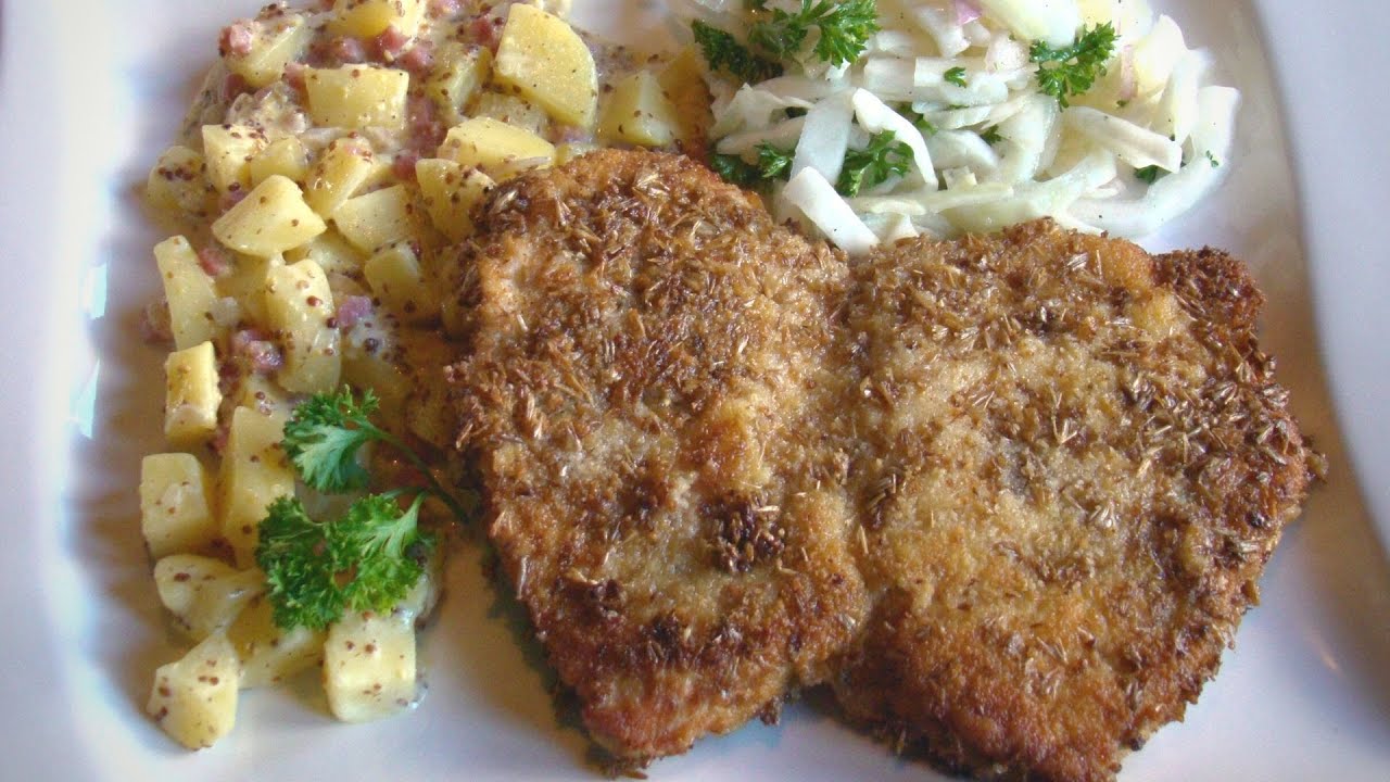 Schnitzel in Brauhaus-Panade mit Dijon-Senf-Speck-Kartoffeln