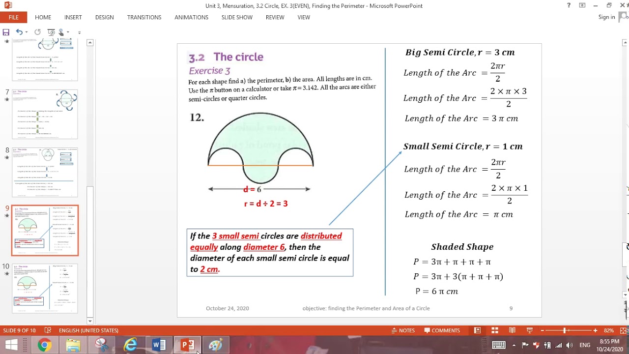 Calculating the Perimeter of a Compound Shape, 3 small semi circles & a big semi circle