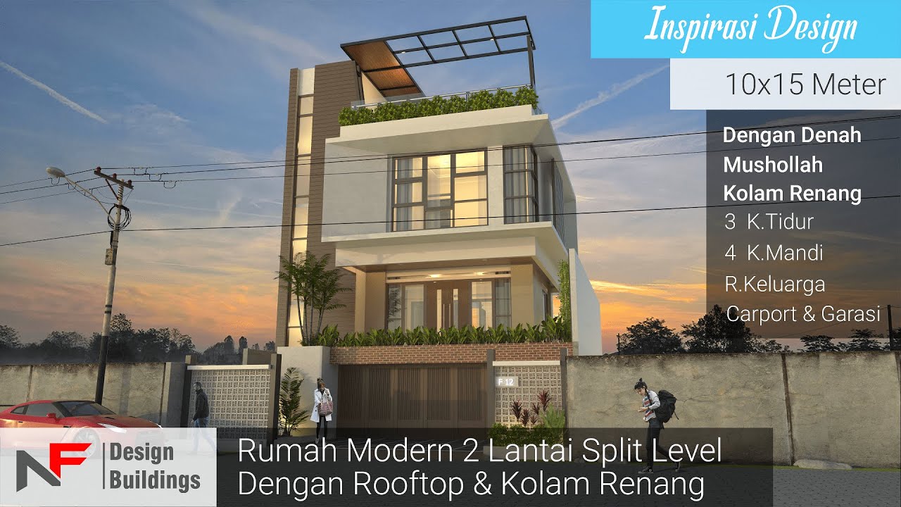 desain rumah modern 10x15 meter semibasement rooftop dengan kolam renang 3 kamar tidur dan mushollah