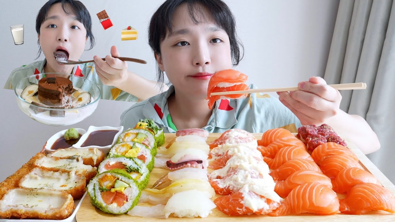 화가 난 날 치즈 돈까스와 초밥 먹방😡💥 당충전을 위해 파베 초코케이크 우유 말먹까지 함✋REALSOUND MUKBANG | Sushi, chococake :D