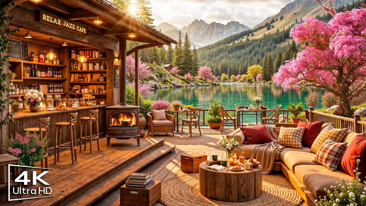Springtime Lake with Peaceful March Jazz Music 🌸Outdoor Coffee Shop Ambience & Soft Piano Jazz Music