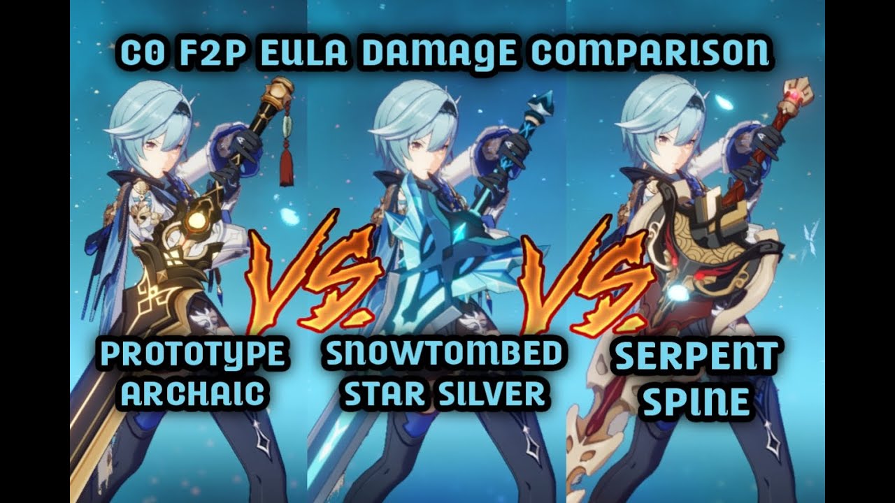 C0 Eula 4 star weapons damage comparison Prototype vs snowtombed vs Serpent spine | Genshin Impact