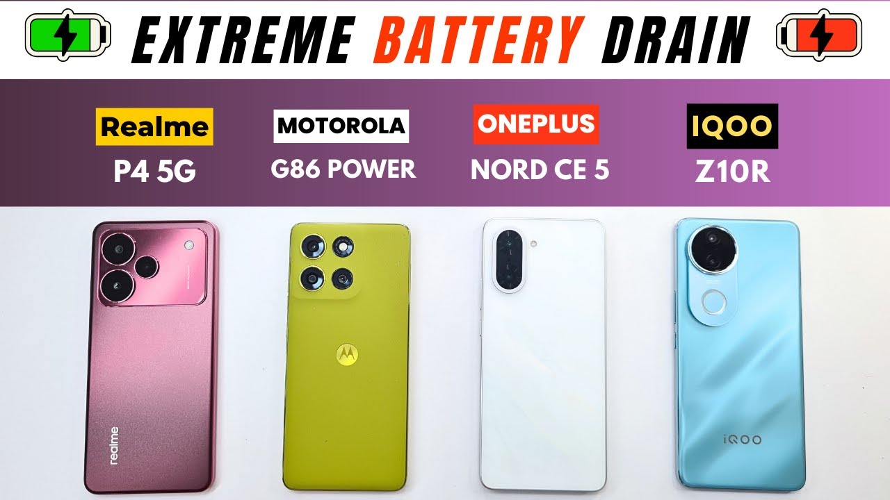 BATTERY DRAIN TEST: Realme P4 vs Motorola G86 Power vs iQOO Z10R vs OnePlus NORD CE 5