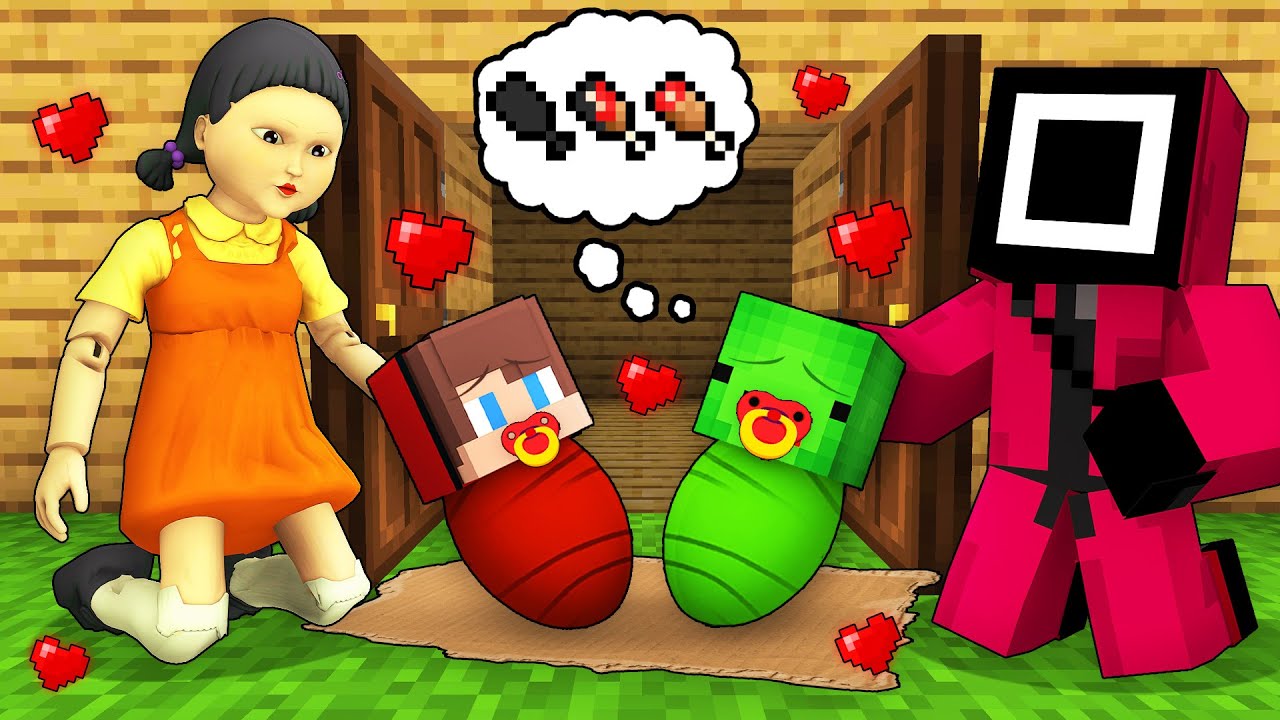 JJ and Mikey were ADOPTED by SQUID GAME DOLL Family in Minecraft - Maizen