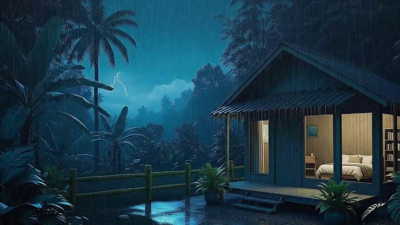 Heavy Rain and Distant Thunder Calm Brain Fast Sleep in a Remote Tropical Cabin 🌧️