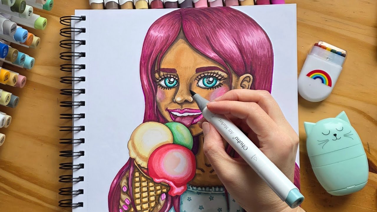 Drawing and coloring of a cute girl with ice cream. Sketchbook, markers.