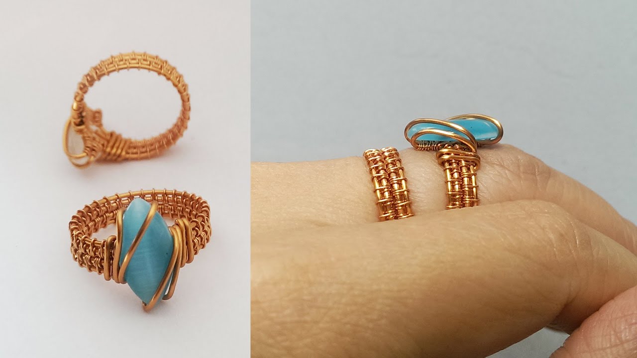 Wire wrapped ring with small cat eye stones without holes - full version ( slow ) 338