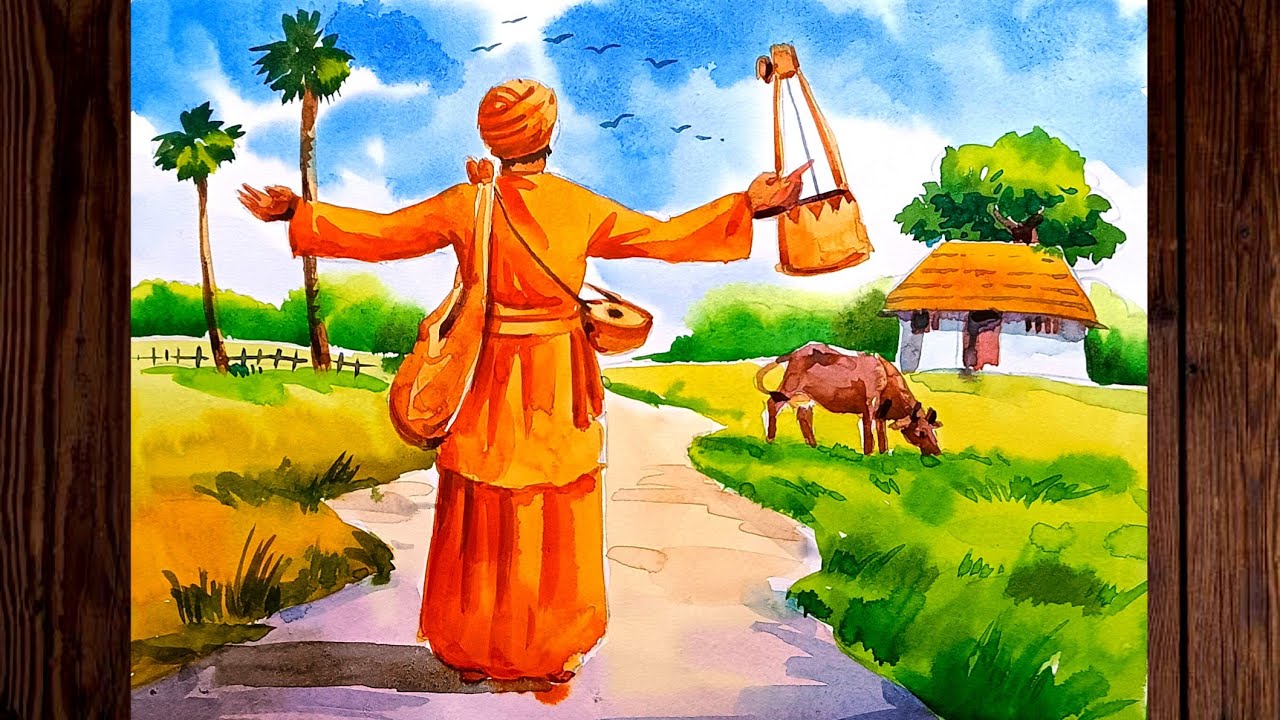 How to draw a baul step by step with watercolour/Baul scenery drawing with village