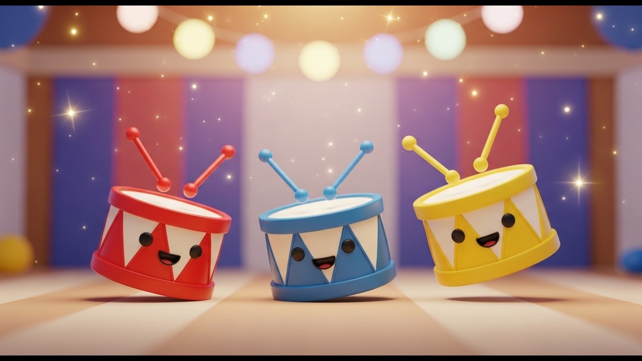 Três Pequenos Tambores de Brinquedo! Bum Bum Bum | Rimas Infantis e Ritmo para Crianças