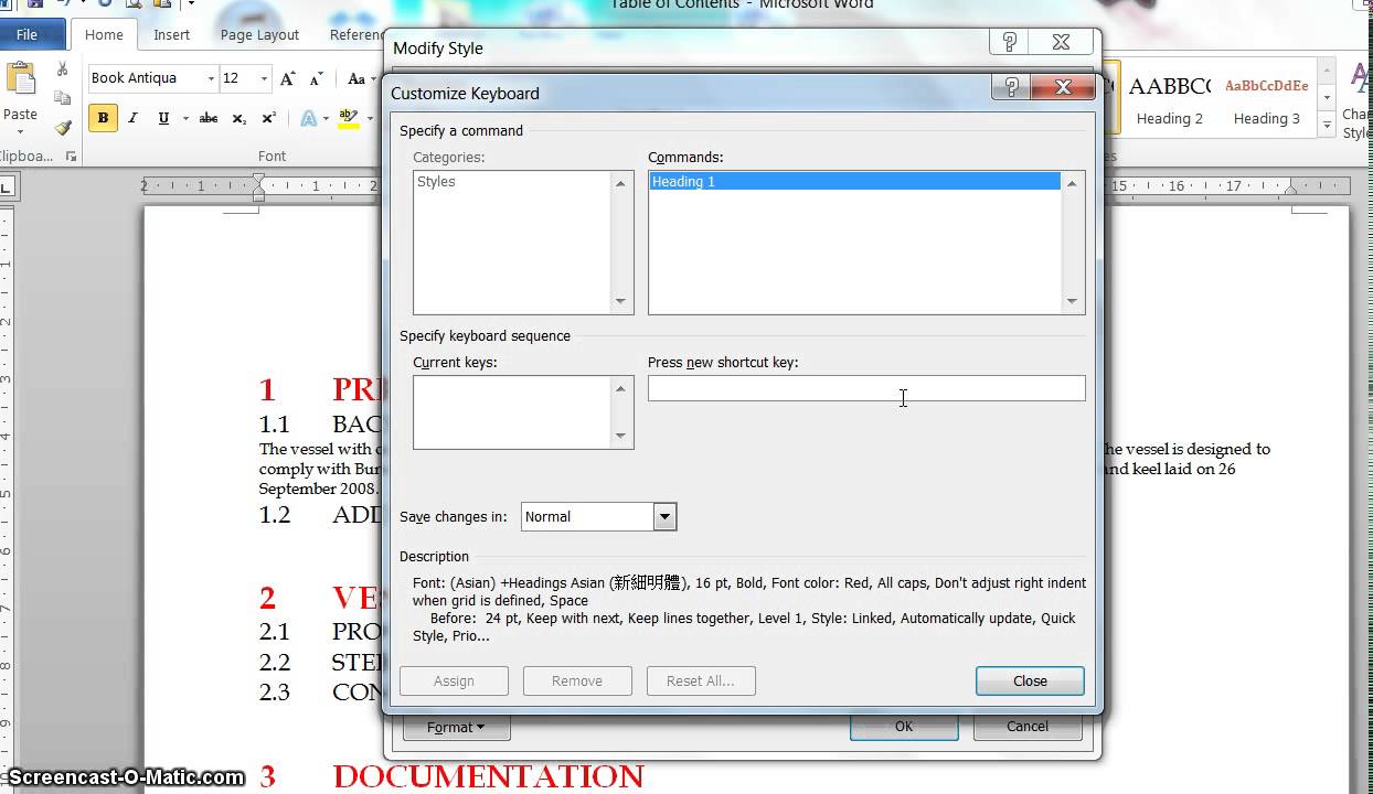 Create Table of Contents - Word - Change Font of Heading 1 and 2