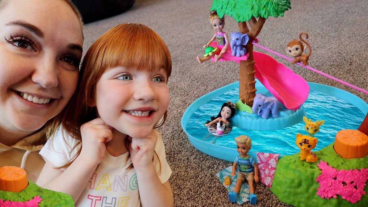 Surprise JUNGLE BiRTHDAY!!  Adley & Mom play pretend as Barbie & Chelsea! Dad is our pet Monkey 🐒