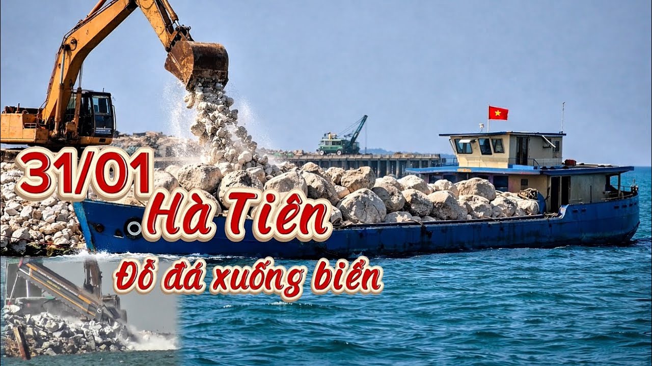 ĐƯỜNG VƯỢT BIỂN HÀ TIÊN, HÔM NAY ĐỔ ĐÁ RẤT NHIỀU XE VÀ SÀ LAN, TRÊN BỘ LẪN DƯỚI BIỂN 