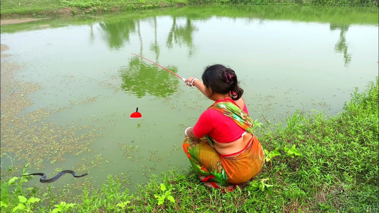 Fishing video ✅ Nice girl catches many fish using fishing rod from field pond | Hook fishing trap 