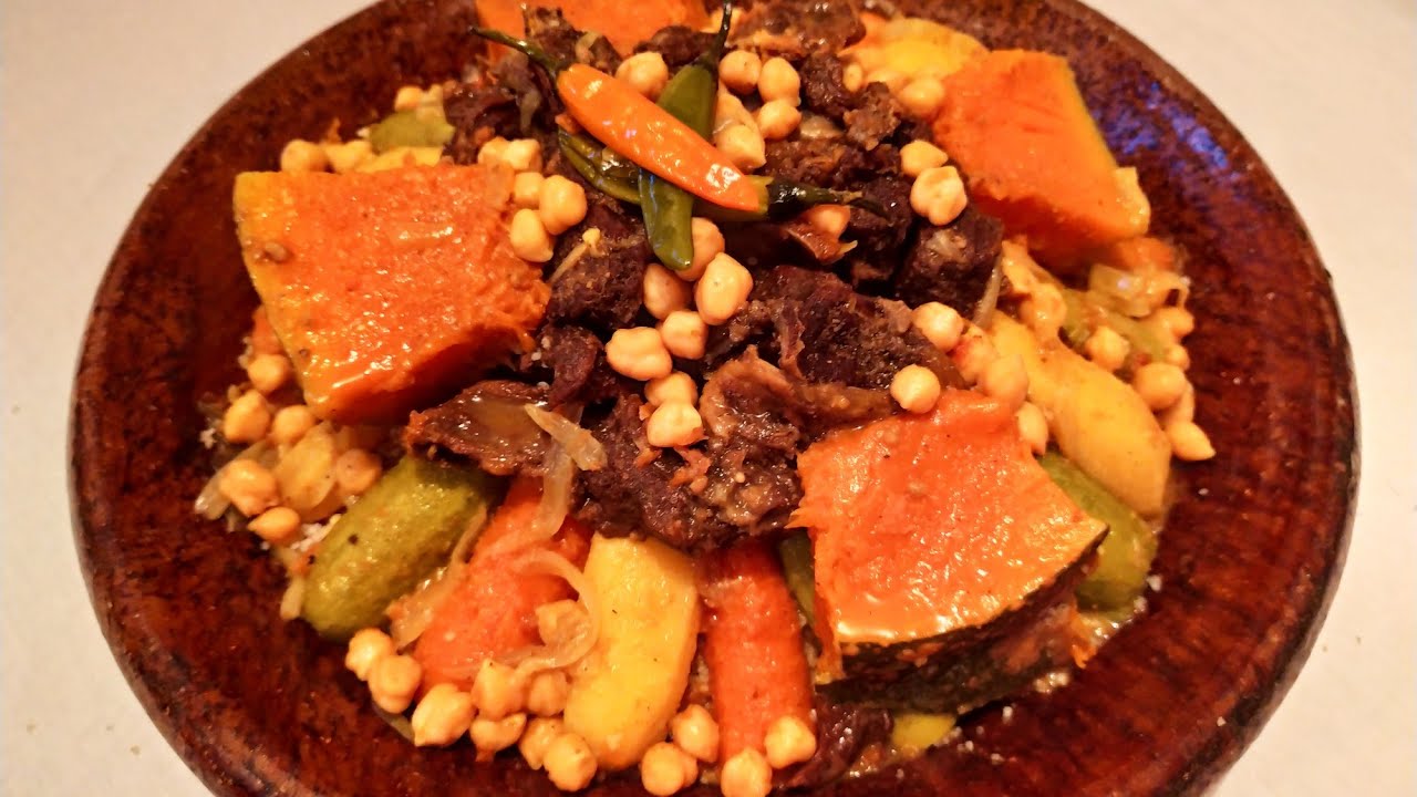 Barley Couscous with dried meat الكسكس المغربي ب البلبولة الشعير والقديد بطريقة تقليدية وصحية