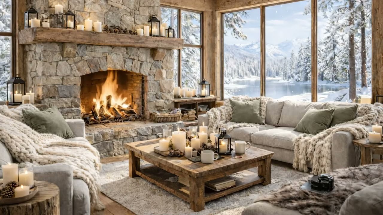 Winter Cabin Living Room Cozy Ambience ❄️ Fireplace & Snowy Forest | Lo-Fi Jazz