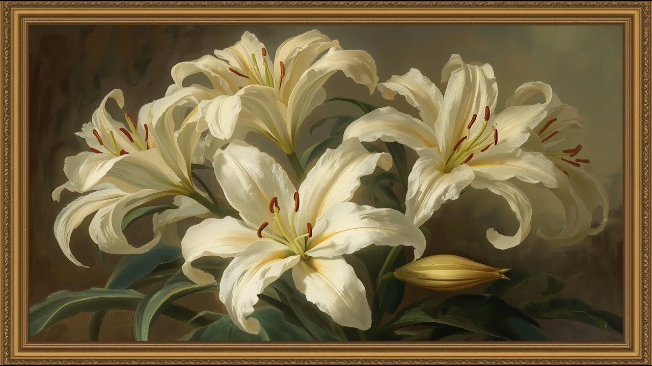 Vintage Cream-Colored Lilies Oil Painting | Elegant Gold Frame | Soft Floral Art | TV Screensaver 4K