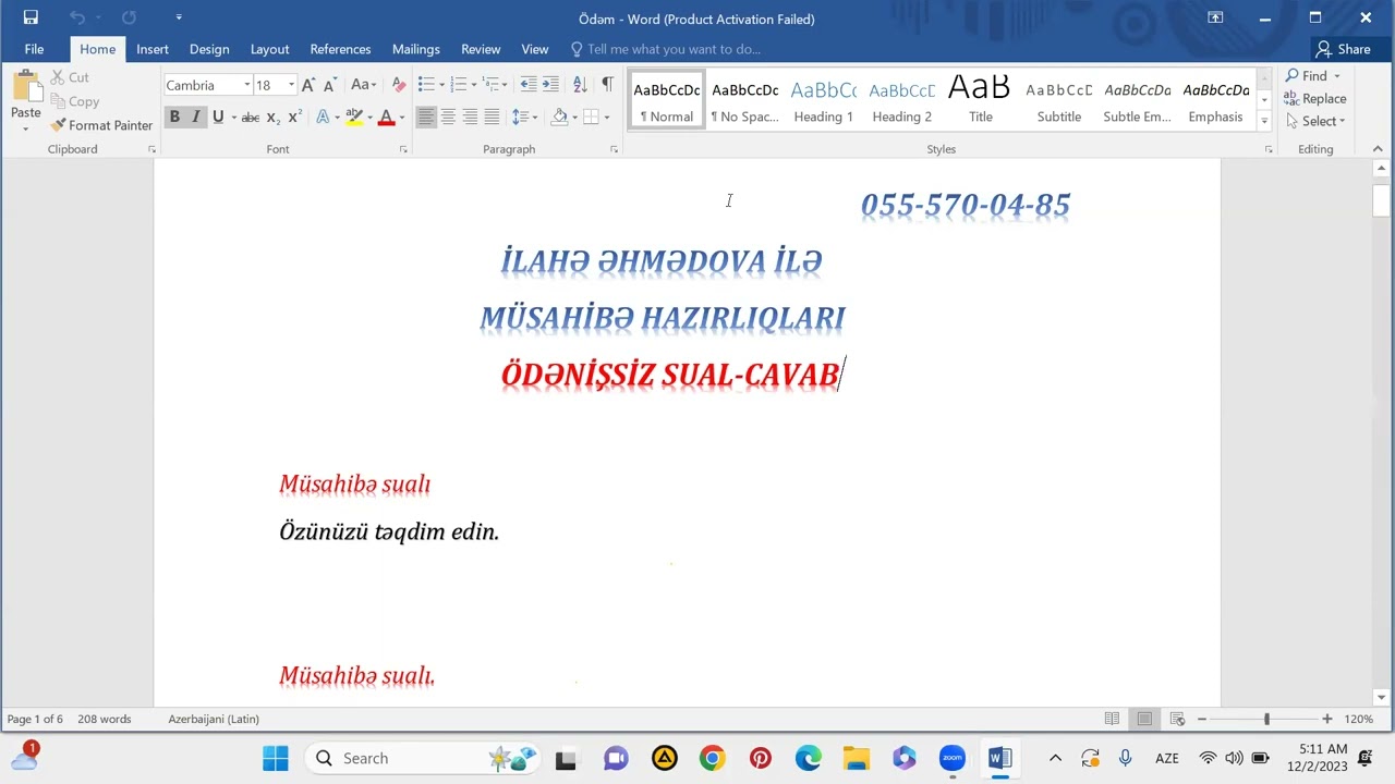 Müsahibə ödənişszi sual cavab-İlahə Əhmədova(055)570-04-85